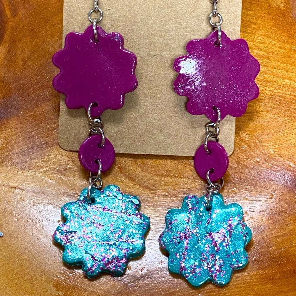 magenta and teal with glitter extra long dangle polymer clay earrings